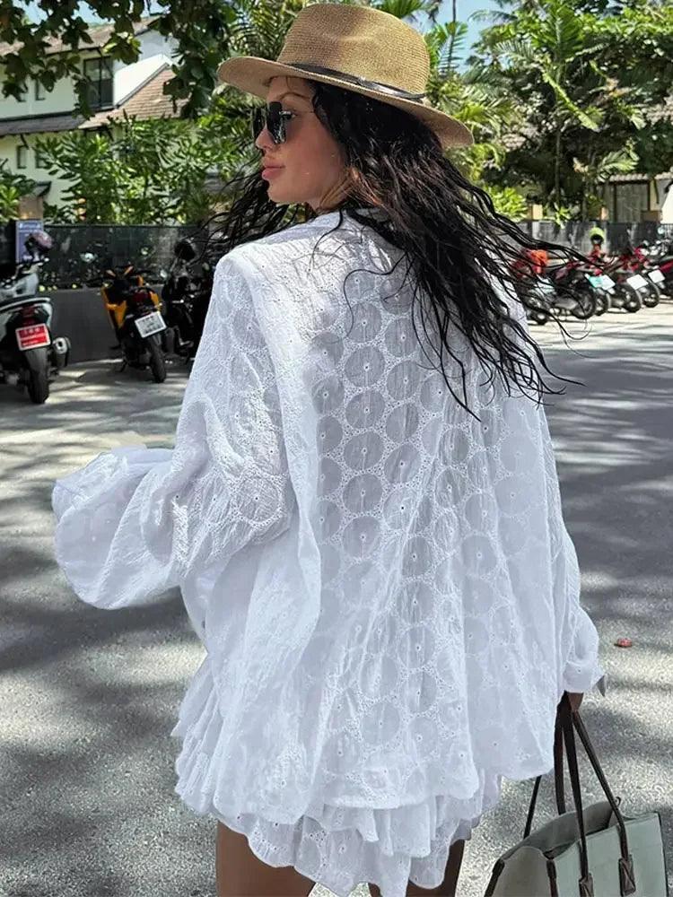 White Long Sleeve Shirt Shorts Sets For Women Fashion O Neck Single Breasted Suits 2024 Summer Female Casual Vacation Beachwear - My Store