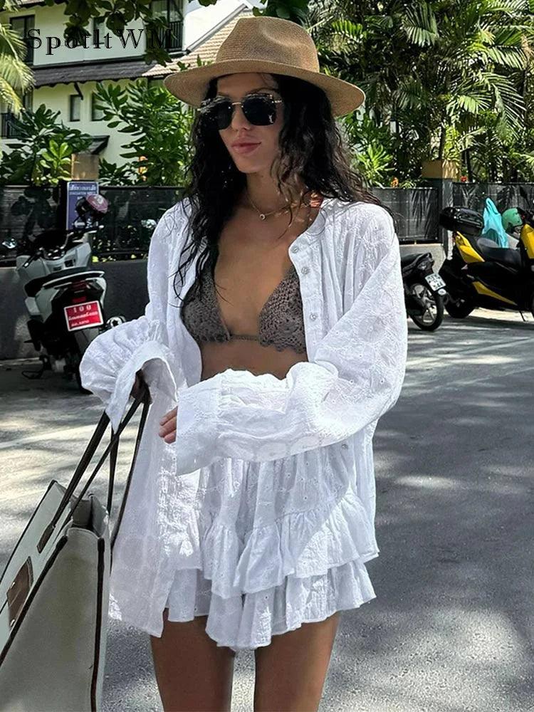 White Long Sleeve Shirt Shorts Sets For Women Fashion O Neck Single Breasted Suits 2024 Summer Female Casual Vacation Beachwear - My Store