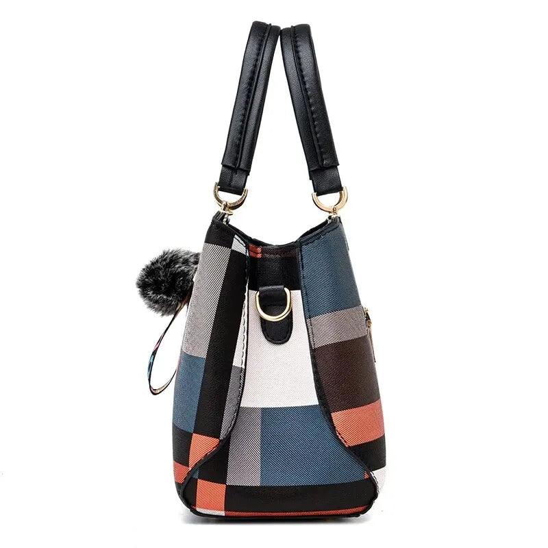 Bolsa com estampa xadrez, bolsa crossbody com decoração pompom, alça superior feminina… - My Store