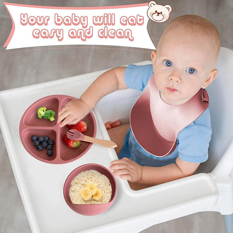 Children's Dishes Set Baby Silicone 6/8-piece Tableware Set Suction Cups Forks Spoons Bibs Straws Cups Mother and Baby Supplies - Well Express