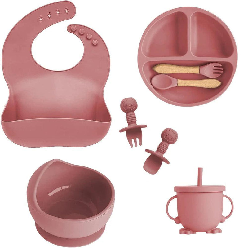 Children's Dishes Set Baby Silicone 6/8-piece Tableware Set Suction Cups Forks Spoons Bibs Straws Cups Mother and Baby Supplies - Well Express