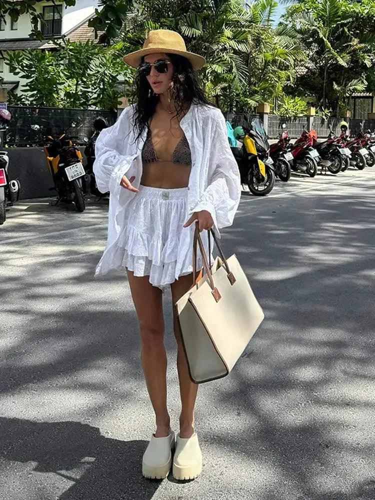 White Long Sleeve Shirt Shorts Sets For Women Fashion O Neck Single Breasted Suits 2024 Summer Female Casual Vacation Beachwear - My Store